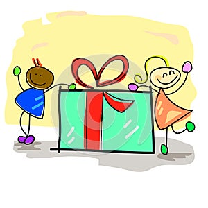 Hand-drawn kids with the gift box