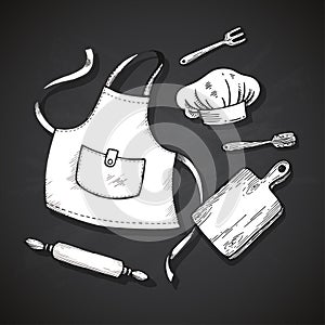 Hand drawn kitchen set. Vector illustration isolated on gray background.