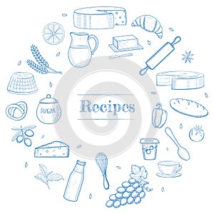 Hand drawn kitchen stuff, dairy and bakery products, vegetables, food ingredients. Recipe book template, restaurant menu icons,