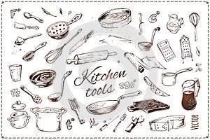 Hand drawn kitchen tools isolated vector icons set