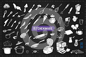 Hand drawn kitchen utencils. Chalk vector icons