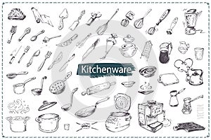 Hand drawn kitchen utencils. Vector icons set
