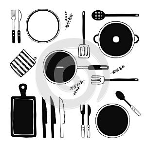 Hand drawn kitchen utensils set. Kitchen tools collection. Cooking equipment, kitchenware, tableware, dishes