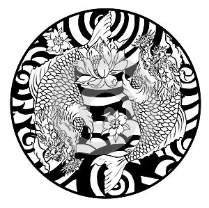 Hand drawn koi fish in circle, Japanese carp line drawing coloring book vector image