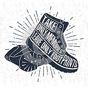 Hand drawn label with textured boots vector illustration and lettering.