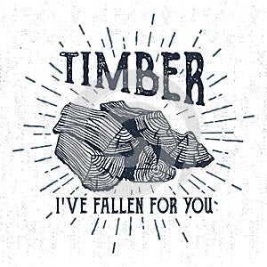 Hand drawn label with textured wood pile vector illustration.