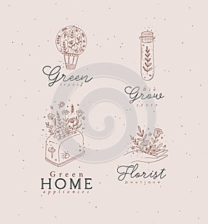 Hand drawn labels floral style brown
