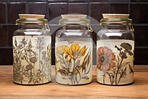 hand-drawn labels on glass jars with dried herbal remedies