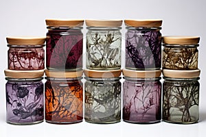 hand-drawn labels on glass jars with dried herbal remedies