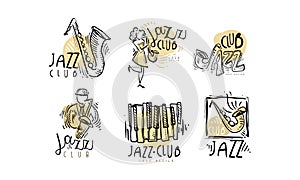 Hand Drawn Labels or Logos Vector Set for Jazz Festival or Live Concert