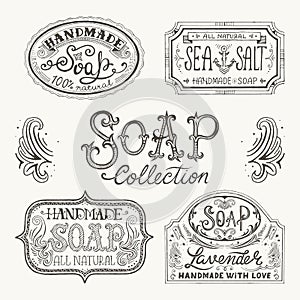 Hand drawn labels and patterns for handmade soap bars.