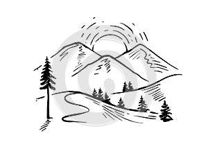 Hand drawn landscape with mountains vector. Rocky peaks with trees