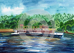 Hand drawn landscape sketch. Watercolor summer or spring painting. Green trees. Blue sky. Bank of river. White and brown boat.