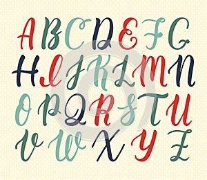 Hand drawn latin calligraphy brush script of capital letters in vintage colors. Calligraphic alphabet. Vector