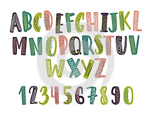 Hand drawn latin font or childish english alphabet decorated with daub or scribble. Bright colored letters arranged in