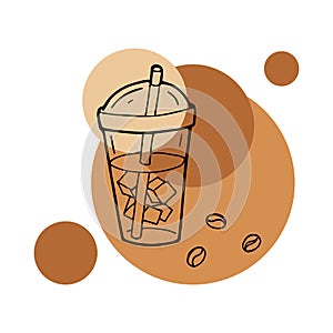 Hand drawn layout of logo with iced coffee takeaway cup. In doodle style, black outline on round caramel color background. Cute