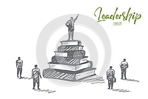 Hand drawn leader standing on books heap tribune