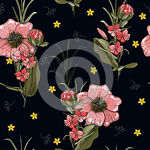 Hand drawn leaf and  flower texture.Seamless floral pattern. Vector tropical geometric print. Memphis colorful template on dark