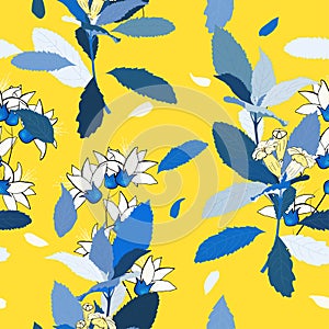 Hand drawn leaf and flower texture.Seamless floral pattern. Vector tropical print. Memphis colorful template on yellow background