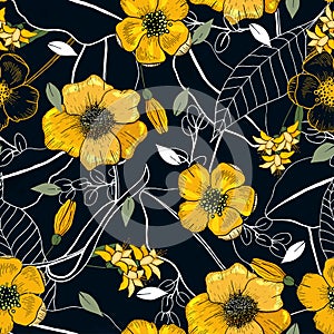 Hand drawn leaf and yellow flower texture.Seamless floral pattern. Vector tropical geometric print. Memphis colorful template on