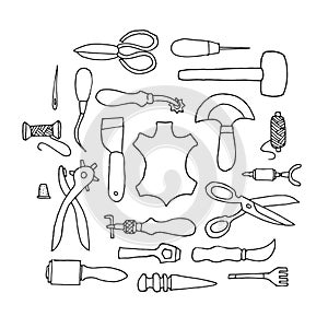 Hand drawn Leather working tools vector