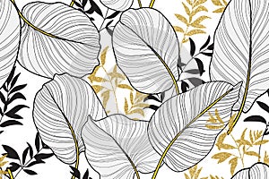 Hand drawn leaves line arts, Silhouette print black ink drawing background, Abstract leaf seamless pattern, Tropical leaves design