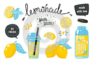 Hand drawn lemonade. Lemon juice bubble drink with labels and typography, summer cold cocktail. Vector sketch lemons