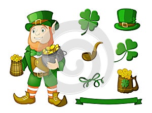 Hand drawn leprechaun with hat, clower, beer mug, pot of golden coin sketch set