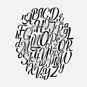 Hand drawn lettering font. Brush script calligraphy cursive type. Handwritten vector aphabet.