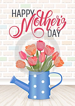 Hand drawn lettering Mothers Day. Spring banner. Origami flower frame. Vector Illustration EPS10