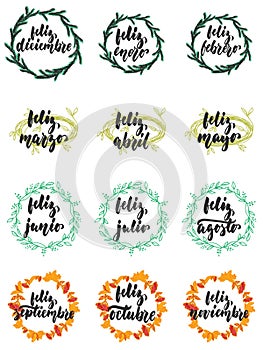 Hand drawn lettering phrase Feliz, meses in spanish collections isolated on the white background. Fun brush ink vector photo