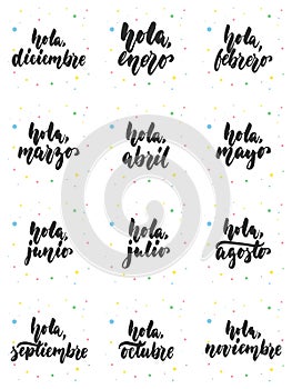 Hand drawn lettering phrase Hola, meses in spanish collections isolated on the white background. Fun brush ink vector photo