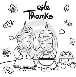 Hand drawn lettering typography give thanks black and white vector thanksgiving illustration with unicorns