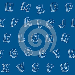 Hand drawn letters vector alphabet seamles pattern on blue background