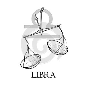 Hand drawn Libra. Zodiac symbol in vintage gravure or sketch style. Old-fashioned pharmacy scales. Retro astrology constellation m