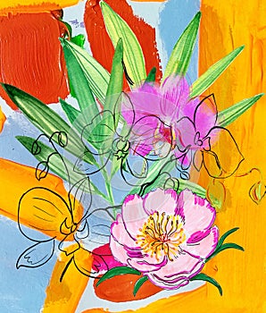 Hand drawn lieves and flowers. Abstract background. photo