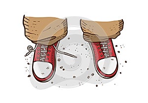 Hand drawn lifestyle street style vector illustration of close up feet wearing red sneakers with untied lace