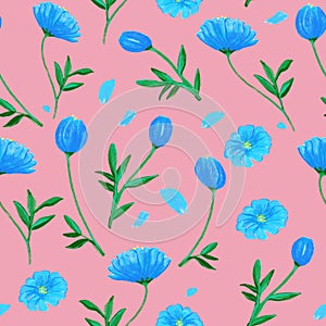 Hand drawn light blue flowers pink