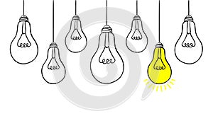 Hand drawn light bulb icons with concept of idea. Doodle style