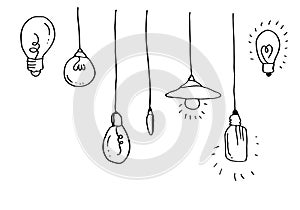 Hand drawn light bulb icons with concept of idea. Doodle style. Vector illustration