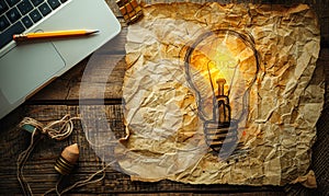 Hand drawn light bulb sketch on crumpled paper with pencil and laptop, depicting creative idea generation and digital