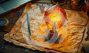 Hand drawn light bulb sketch on crumpled paper with pencil and laptop, depicting creative idea generation and digital