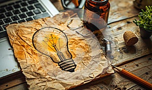Hand drawn light bulb sketch on crumpled paper with pencil and laptop, depicting creative idea generation and digital