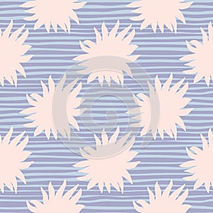 Hand drawn light pink star shapes seamless doodle pattern. Abstract geometric print with blue striped background