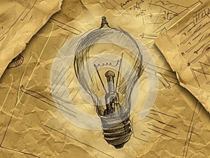 Hand-drawn lightbulb symbolizing idea generation with business sketches on vintage paper background