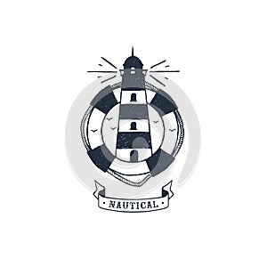 Hand drawn lighthouse and lifebuoy textured vector illustration