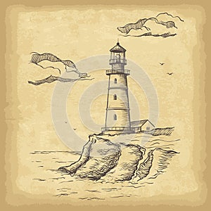 Hand drawn lighthouse. Old paper texture background. Template for your design works.