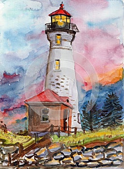 Hand drawn lighthouse. Urban watercolor sketch. Summer maritime sun set. Sea view, yacht and blue sky. Green bushes. For post card