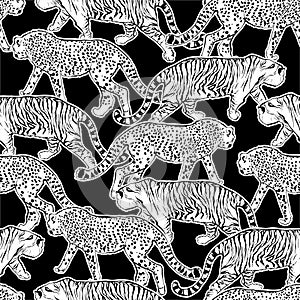 Hand drawn lind sketch Tiger and Leopard cheetah balck and white seamless pattern,Design for fashion , fabric, textile, wallpaper