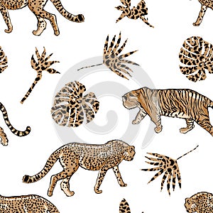 Hand drawn lind sketch Tiger and Leopard cheetah with palm leaves animal skin print seamless pattern,Design for fashion , fabric,